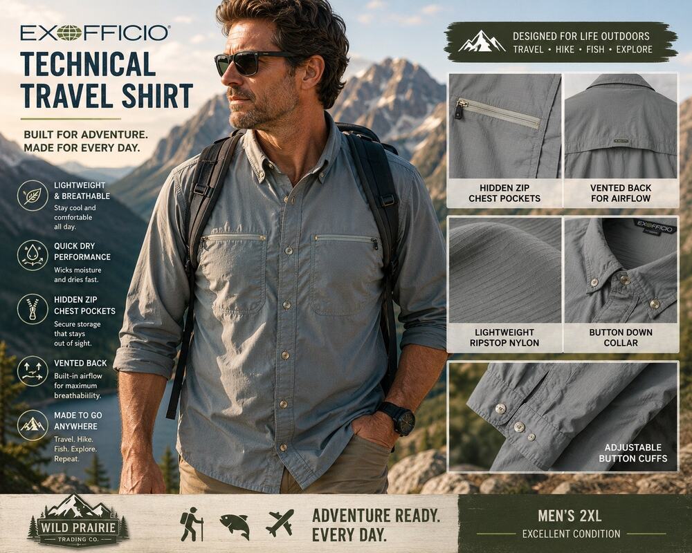 ExOfficio Men’s 2XL Vented Travel Shirt Gray Nylon Button Front Hiking Fishing